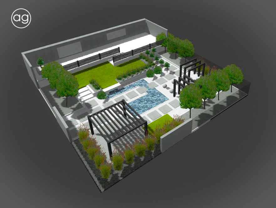 ogród minimalistyczny, ogród na 5.0, projektowanie ogrodów, agnieszkagertnerblog, wizualizacja, 3D, projekt, koncepcja 2D