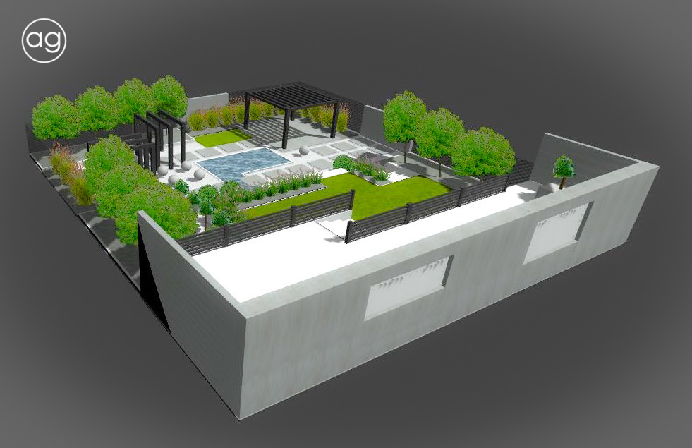 ogród minimalistyczny, ogród na 5.0, projektowanie ogrodów, agnieszkagertnerblog, wizualizacja, 3D, projekt, koncepcja 2D